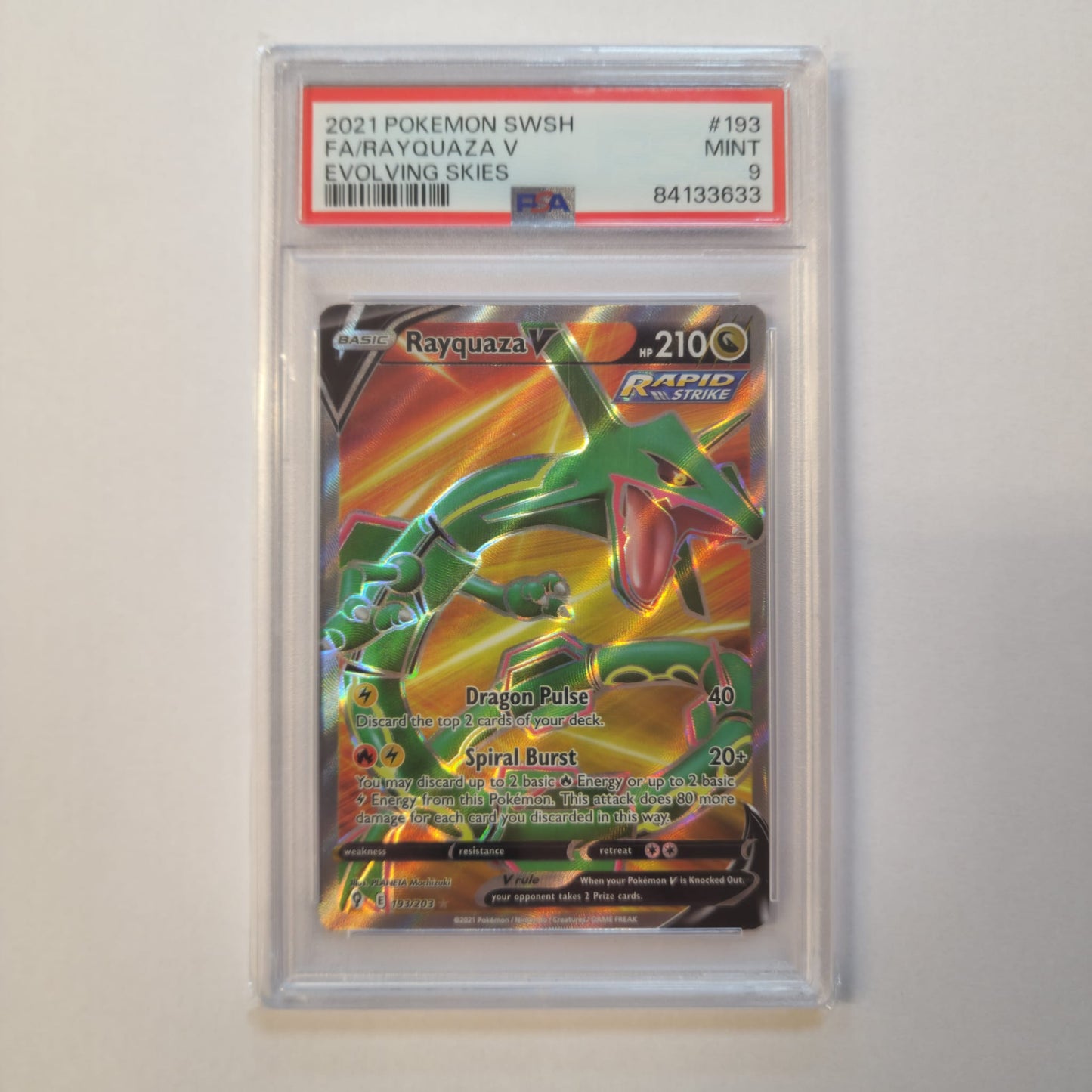 2021 Pokemon Evolving Skies Rayquaza V Full Art 193/203 PSA 9 Mint Preowned