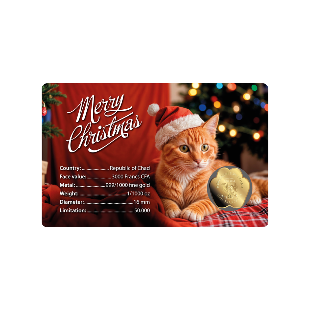 Cat Santa Hat Coin Card 999/1000 1/1000oz  - Gold Gift Preowned
