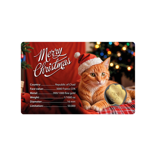 Cat Santa Hat Coin Card 999/1000 1/1000oz  - Gold Gift Preowned