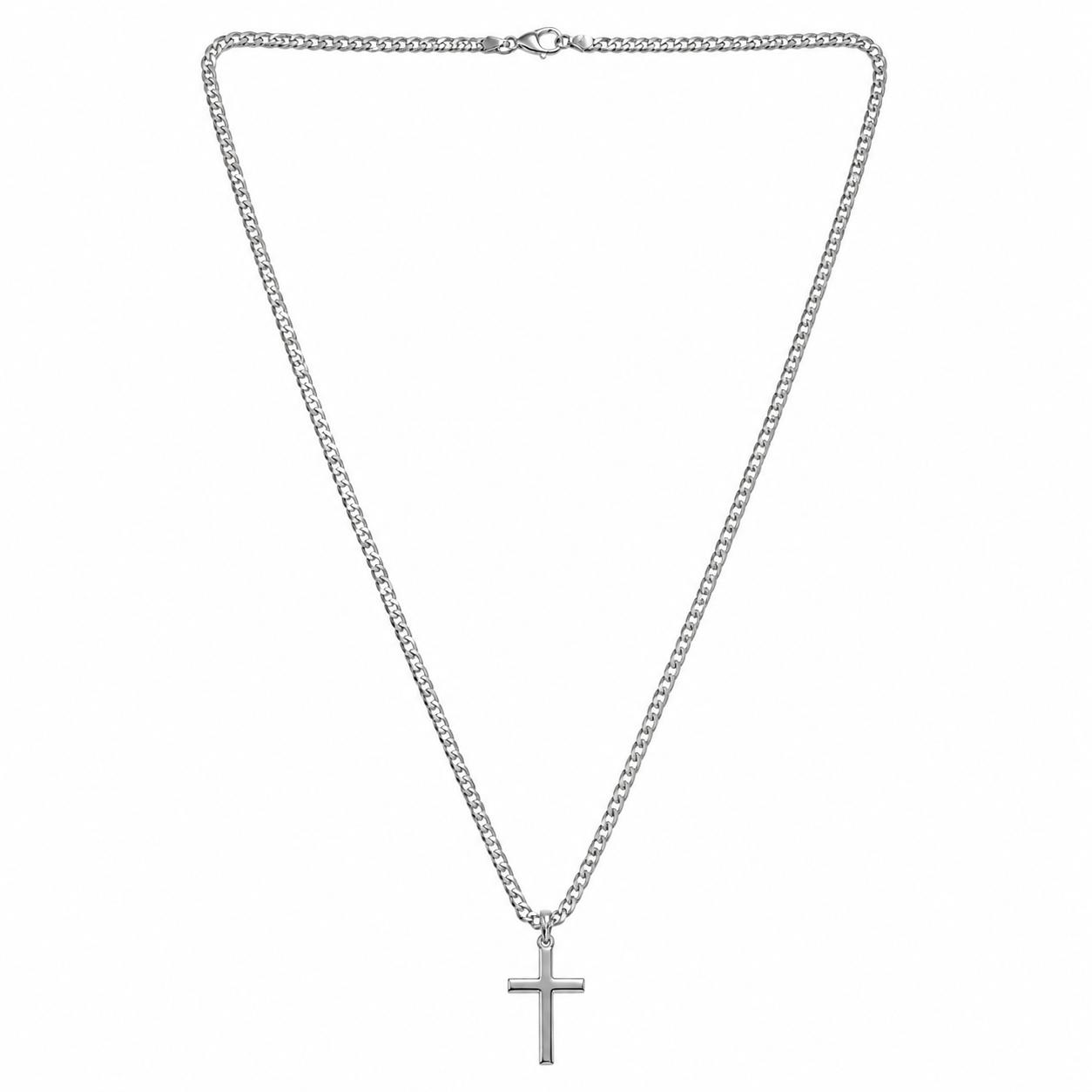 925 Silver Curb Chain 24" with Plain Latin Cross Pendant Approx 14.8g Preowned