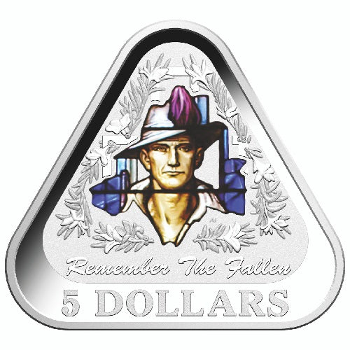 Remember The Fallen 2016 $5 Coloured Triangular Proof Silver 999. 22.23g Coin Preowned
