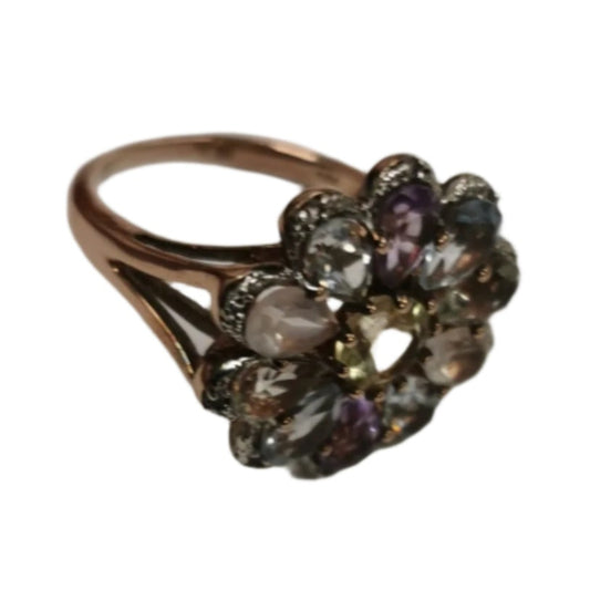 Multi Gemstone Rose Gold Plated Sterling Silver Ring Approx 7g Preowned